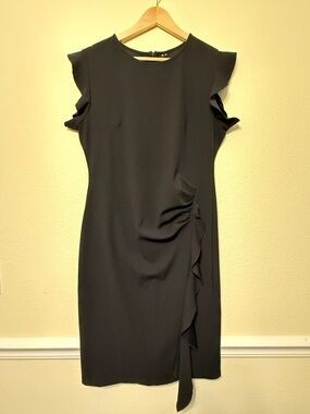 Miusol Black Midi Sheath Dress with Ruffle Detail